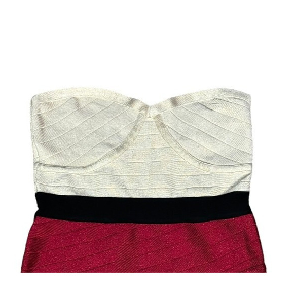 New Bebe Bandadge Dress Size XL Bodycon Red Gold Shimmer Mini Cocktail Glam Gala - Picture 3 of 10